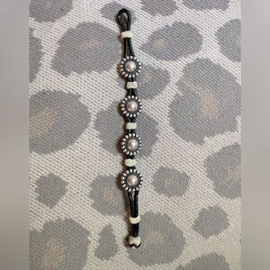 Vintage Sterling Silver and Black Leather Conch Bracelet